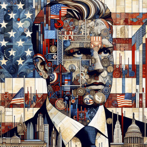 Capturing the essence of Donald Trump (America), create an artwo...