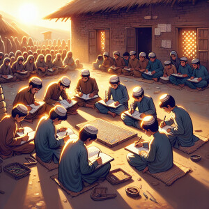 Illustrate a scene depicting Pakistani village students diligent...