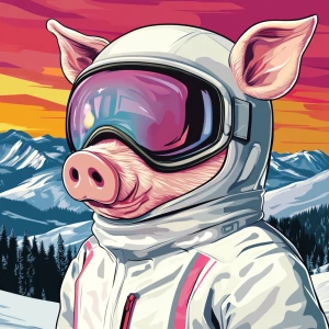 Cute cartoon pig in vintage white spacesuit and NASA style helme...