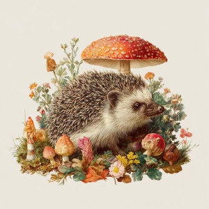 Hedgehog with mushroom, vintage art, autumn colors, white backgr...