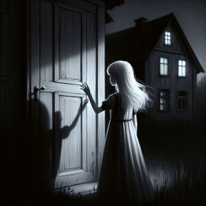 A girl with white hair knocks on the door of a house at night in...