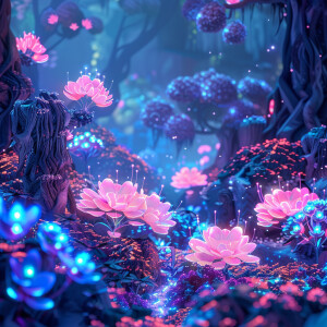 Create a vivid and surreal dreamscape filled with neon flowers