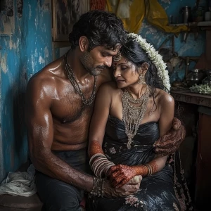 A muscular sweaty indian rich man marrying his indian poor 50 ye...