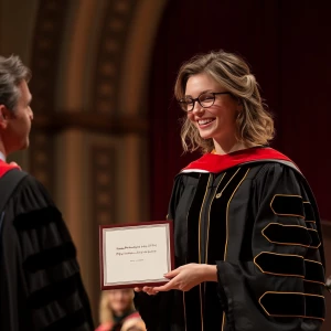 A woman receiving her PhD diploma