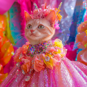 Describe the image featuring a cat adorned in a brightly pink an...