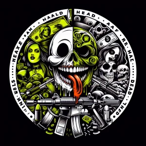 Create a professional ,  horror-themed circular brand logo featu...