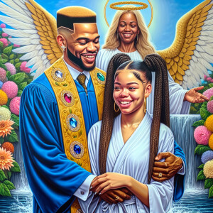 An oil painting depicting a light-skinned African-American pasto...