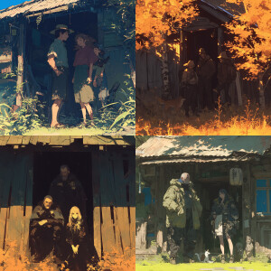 Two men and one woman stand near an abandoned house on the outsk...