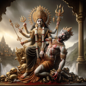 portrait of angry looking goddess durga sitting on a gold crown and carrying a weak mahishasur on her lap and stabbing him with her amazingly designed trident. She is wearing a huge diamond crown, black saree, abundant diamond jewelry, covered in blood. The scene is set in ancient India. The image is 8K resolution, photograph, cinematic, ultra detailed face and epic.