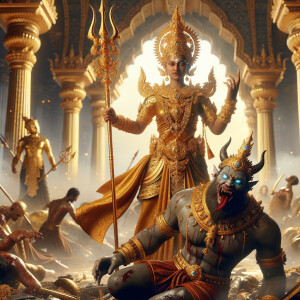 portrait of angry looking, indian goddess straddling a defeated...