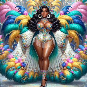 Create a 3-D  vivid full-body view of a colorful glossy hyper-realistic oil painting of a detailed illustration full length photo single image of a beautiful African-American caramel skinned woman plus sized, with long, black, wavy hair, her make up is airbrushed and flawless, she is dressed in a white, teal and yellow large, elaborate, elegant, very detailed carnival costume with colorful African-American pink, blue, gold yellow green feathers, flawless makeup, prominent lashes, black peep toe heels, white pixie hair, background bokeh, she is stunning and smiling, digital art.