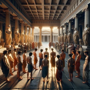 A scene depicting a group of shirtless Greek Boy e concubines st...