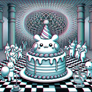 anthropomorphic birthday cake having a party,glitchcore,hallucin...