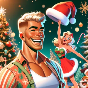Santa hats!!"A jovial tan-skinned young Caucasian man with a buz...
