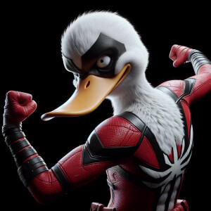 An anthropomorphic duck with white feathers dressed in a fitted...