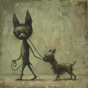Create an absurdist image of a cat walking upright holding a dog...