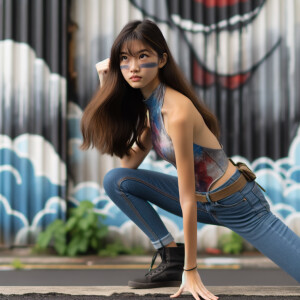 teenage girl, long brown hair and bangs, wearing tight skinny jeans and a halter top paint marks on her clothing, heroic pose Asian graffiti background, nearing on one knee