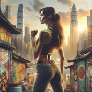 Athletic Thin skinny Attractive, Asian teenage girl, long brown hair and bangs, wearing tight skinny jeans and a halter top paint marks on her clothing, heroic pose Asian graffiti background, backside view