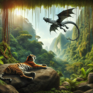 Create an image of a relaxed tiger sprawled on a large rock, wit...