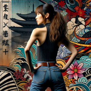 Attractive, Asian teenage girl, long brown hair and bangs, wearing tight skinny jeans and a halter top paint marks on her clothing, backside view heroic pose Asian graffiti