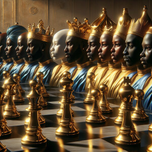 3-D realistic oil, painting,of a gold and black human chessboard...