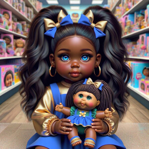 Create a 3-D image of an african-American little girl inside of a medium size, toy store. The little girl has thick long, ponytails and huge blue eyes. She has on a gold and blue jumpsuit with matching bows, She is playing with her favorite african-American cabbage patch doll, That looks just like her