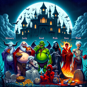 7 deadly sins in front of a undead castle