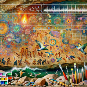 Cave Art with Handprints symbols for fire, water and air, macro, circuitry, cellular structures, DNA paint brushes and art pallets small birds, flying cardiogram print out slide detector print electromagnetic fields linear grid golden ratio, Colorful, spontaneous gestures, and marks