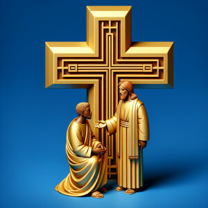 make 3-D realistic gold cross, African-American, Jesus, playing...