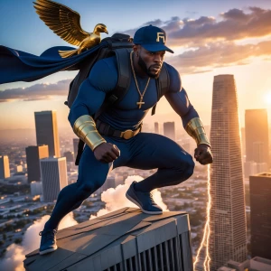 A Nigerian superhero, hip hop rapper with backpack and clad in d...