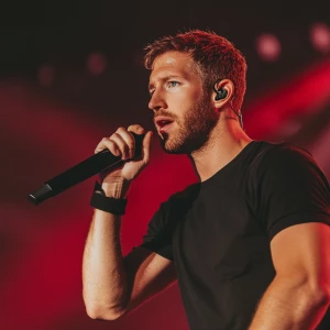 Calvin Harris muscles live on stage singing