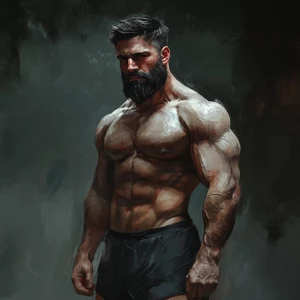 Create an image of a muscular, dark-haired man with a thick bear...