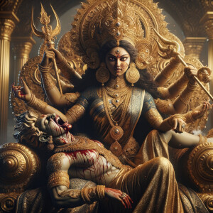 photograph of angry looking goddess durga sitting on a gold crown and carrying a weak mahishasur on her lap and stabbing him with her amazingly designed trident. She is wearing gold armor, a huge gold crown, gold saree, abundant  gold jewelry, covered in blood. The scene is set in ancient India. The image is 8K resolution, cinematic, ultra detailed face and epic.