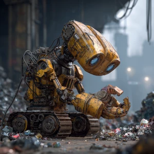 robot gathers scraps of metal and debris
