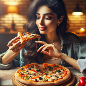 Generate a picture of a person eating pizza