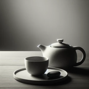 A simple yet elegant arrangement of a ceramic teapot, a single c...