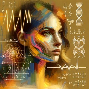 Abstract, minimalist, painting, with pencil line, paint stroke, gestures, colorful marks, mathematical equations, electrical cardiogram, printouts complex math formulas, dna asian teen girl