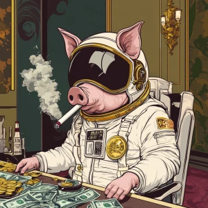 Cute cartoon pig in vintage white spacesuit and NASA style helme...