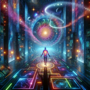 In the neon-lit streets of a celestial cyberpunk world, towering...