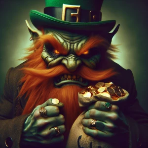 Very menacing leprechaun with an exaggerated angry look on his f...
