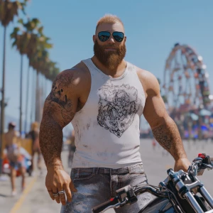 White muscular thin man with beard, big chin, smile and cheekbon...