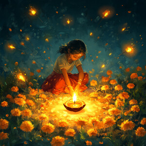 A girl illuminating a Diya surrounded by marigold flowers and fi...