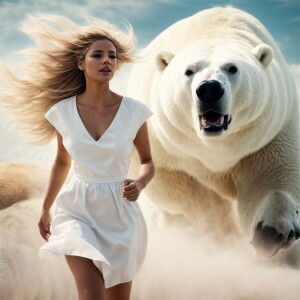 a woman wearing white dress being chased by super big polar bear...