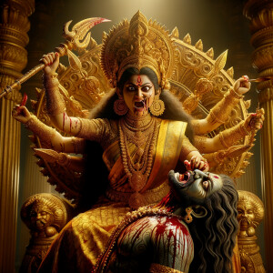 portrait of angry looking goddess durga sitting on a gold crown and carrying a weak mahishasur on her lap and stabbing him with her amazingly designed trident. She is wearing gold armor, a huge gold crown, gold saree, abundant  gold jewelry, covered in blood. The scene is set in ancient India. The image is 8K resolution, cinematic, ultra detailed face and epic.