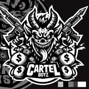 Create a bold logo featuring a menacing creature with sharp feat...