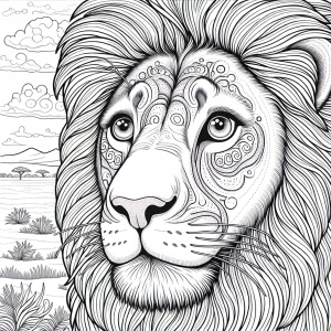 Create a coloring page design featuring a lion with large eyes,...