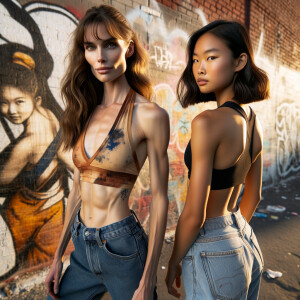 Athletic Thin skinny Attractive, Asian teenage girl, long brown hair and bangs, wearing tight skinny jeans and a halter top paint marks on her clothing, heroic pose Asian graffiti background, backside view