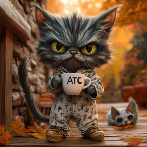 Early morning, cute disheveled kitten in stylish pajamas, wearin...