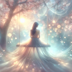 A woman sitting on a garden swing, her dress flowing softly in the breeze as dappled light filters through the surrounding trees. The background is a dreamlike blend of blurred blossoms and subtle, glowing highlights