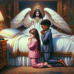 An oil painting of two African-American children with dark skin,...